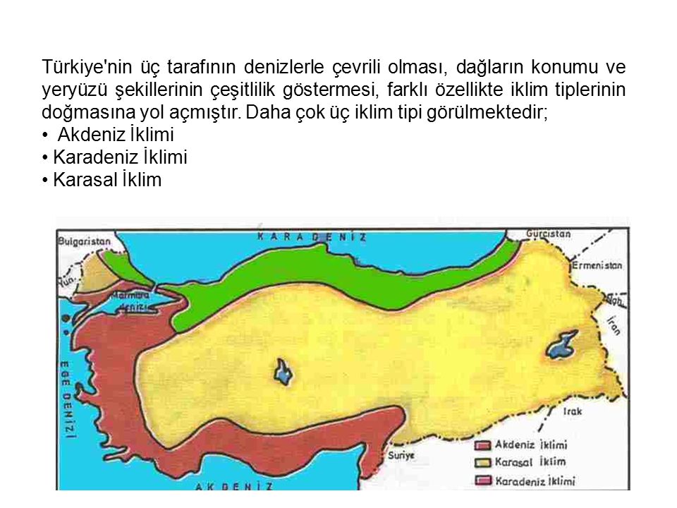 Türkiye nin üç tarafının denizlerle çevrili olması, dağların konumu ve yeryüzü şekillerinin çeşitlilik göstermesi, farklı özellikte iklim tiplerinin doğmasına yol açmıştır.