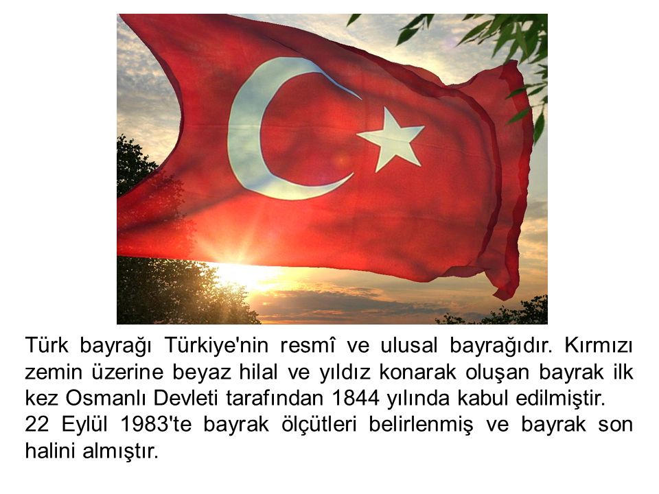 Türk bayrağı Türkiye nin resmî ve ulusal bayrağıdır.