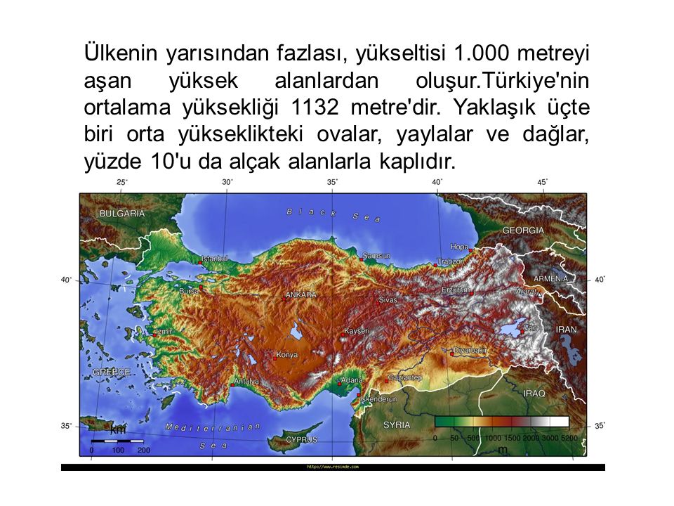 Ülkenin yarısından fazlası, yükseltisi metreyi aşan yüksek alanlardan oluşur.Türkiye nin ortalama yüksekliği 1132 metre dir.