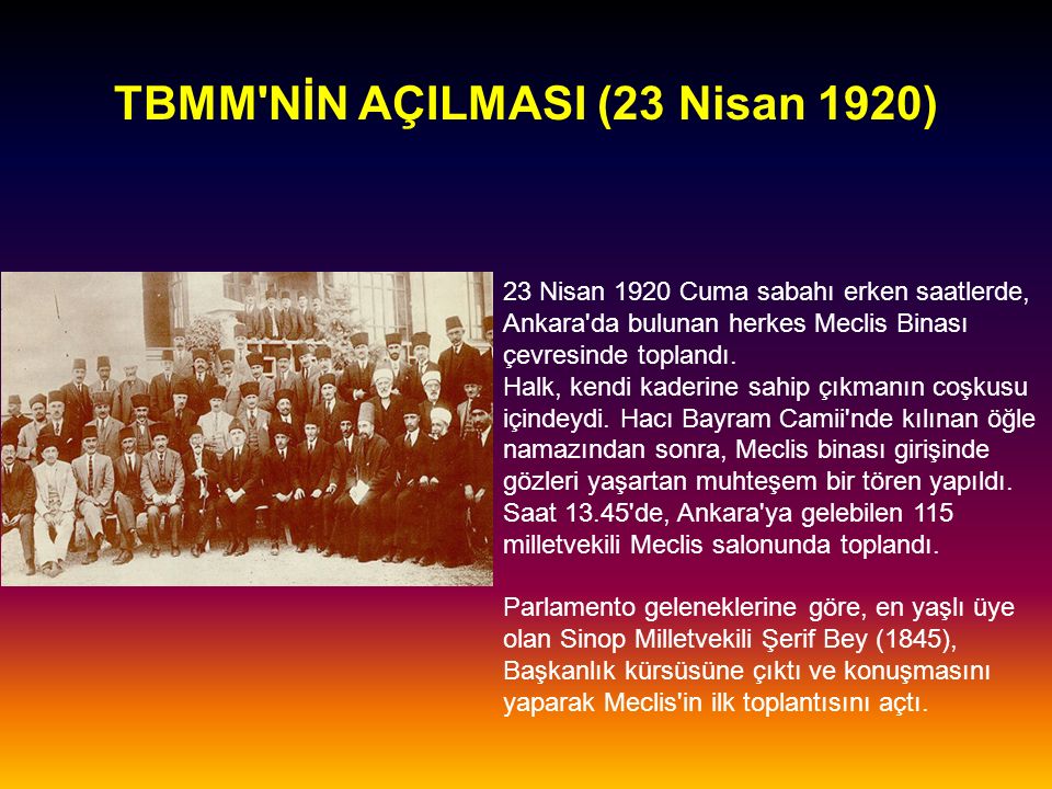TBMM NİN AÇILMASI (23 Nisan 1920) 23 Nisan 1920 Cuma sabahı erken saatlerde, Ankara da bulunan herkes Meclis Binası çevresinde toplandı.