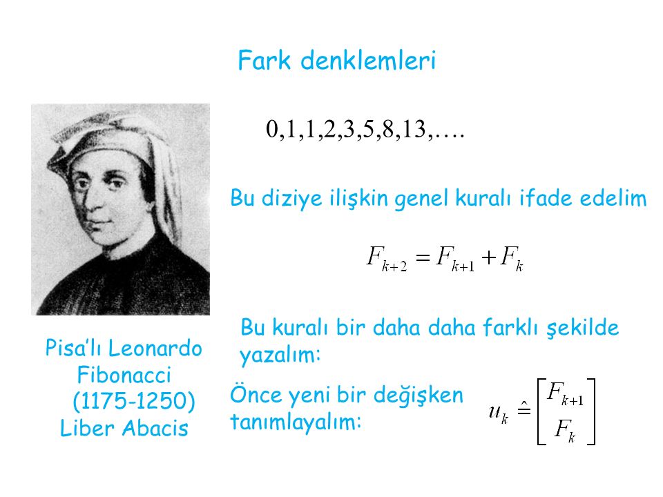 Fark denklemleri Pisa’lı Leonardo Fibonacci ( ) Liber Abacis 0,1,1,2,3,5,8,13,….