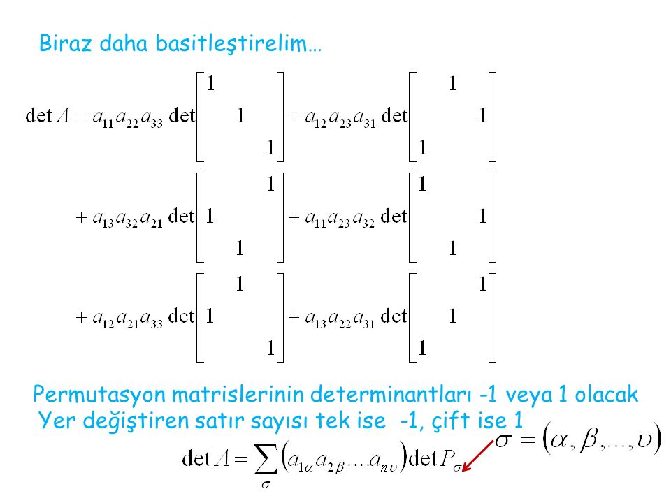 Biraz daha basitleştirelim… Permutasyon matrislerinin determinantları -1 veya 1 olacak Yer değiştiren satır sayısı tek ise -1, çift ise 1