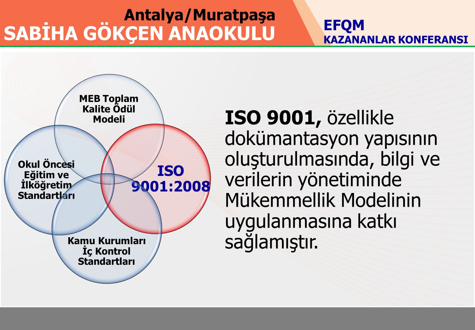 Antalya/Muratpaşa SABİHA GÖKÇEN ANAOKULU MEB Toplam Kalite Ödül Modeli Okul Öncesi Eğitim ve İlköğretim Standartları ISO 9001:2008 Kamu Kurumları İç Kontrol Standartları EFQM KAZANANLAR KONFERANSI ISO 9001, özellikle dokümantasyon yapısının oluşturulmasında, bilgi ve verilerin yönetiminde Mükemmellik Modelinin uygulanmasına katkı sağlamıştır.