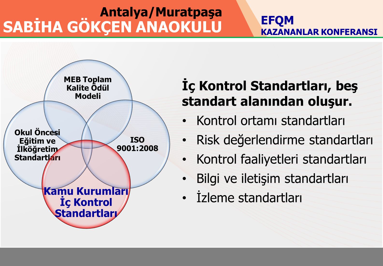 Antalya/Muratpaşa SABİHA GÖKÇEN ANAOKULU MEB Toplam Kalite Ödül Modeli Okul Öncesi Eğitim ve İlköğretim Standartları ISO 9001:2008 Kamu Kurumları İç Kontrol Standartları İç Kontrol Standartları, beş standart alanından oluşur.