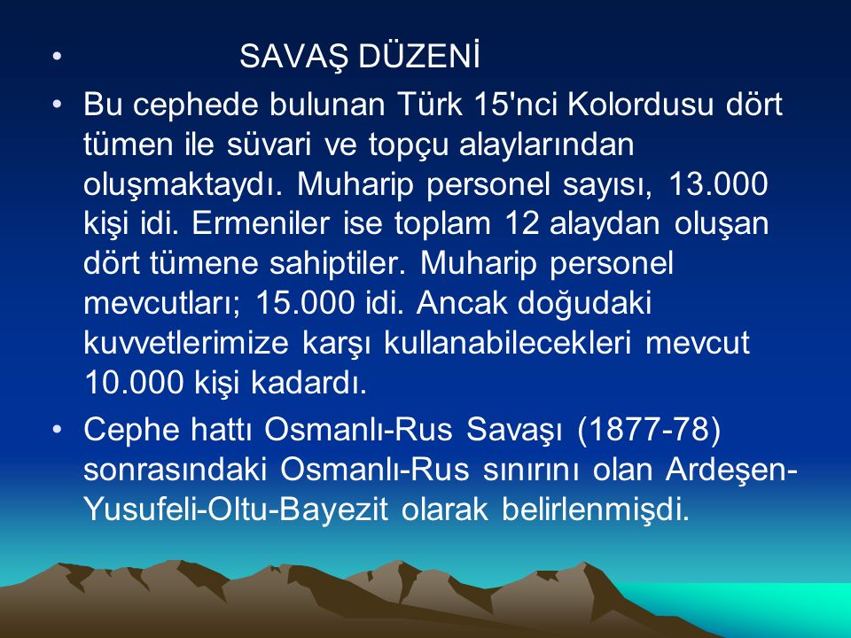 SAVAŞ DÜZENİ Bu cephede bulunan Türk 15 nci Kolordusu dört tümen ile süvari ve topçu alaylarından oluşmaktaydı.