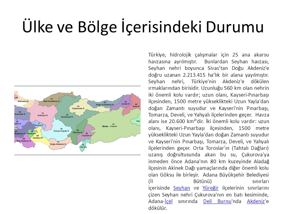 Ülke ve Bölge İçerisindeki Durumu Türkiye, hidrolojik çalışmalar için 25 ana akarsu havzasına ayrılmıştır.