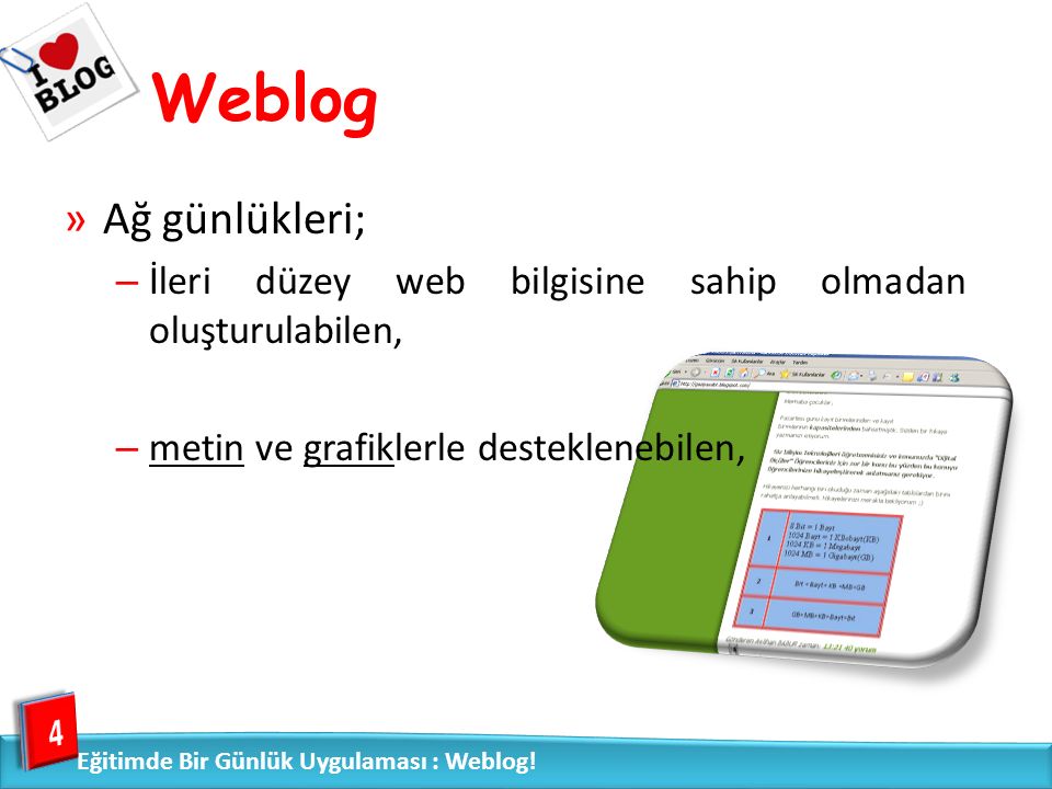 Weblog »Ağ günlükleri; – İleri düzey web bilgisine sahip olmadan oluşturulabilen, – metin ve grafiklerle desteklenebilen, 4 Eğitimde Bir Günlük Uygulaması : Weblog!