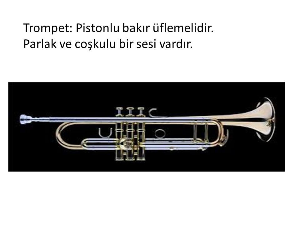 Trompet: Pistonlu bakır üflemelidir. Parlak ve coşkulu bir sesi vardır.