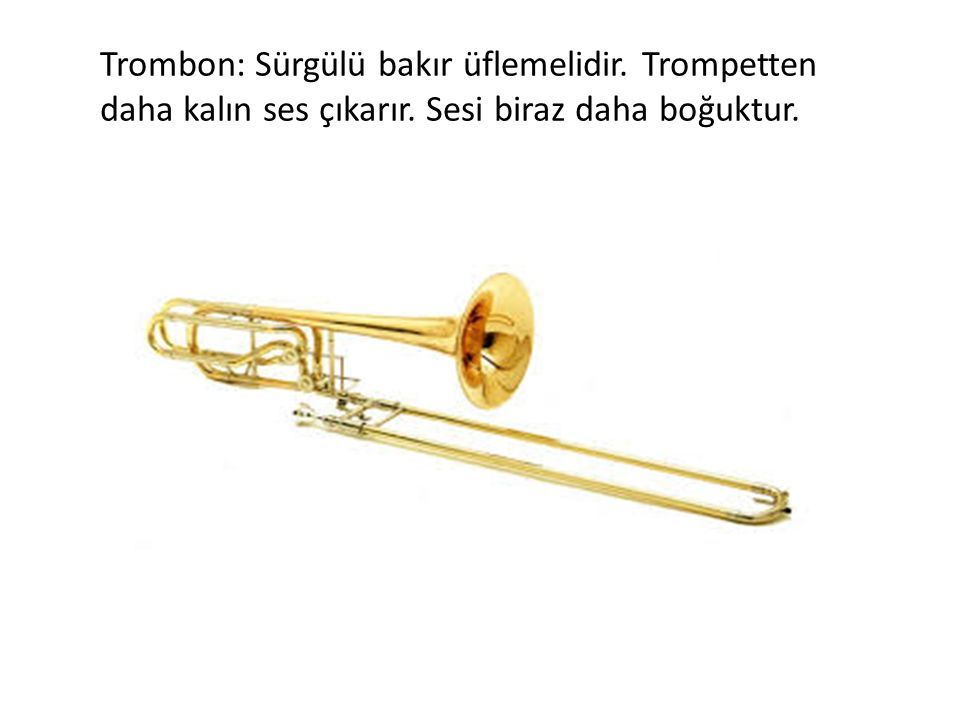 Trombon: Sürgülü bakır üflemelidir. Trompetten daha kalın ses çıkarır. Sesi biraz daha boğuktur.