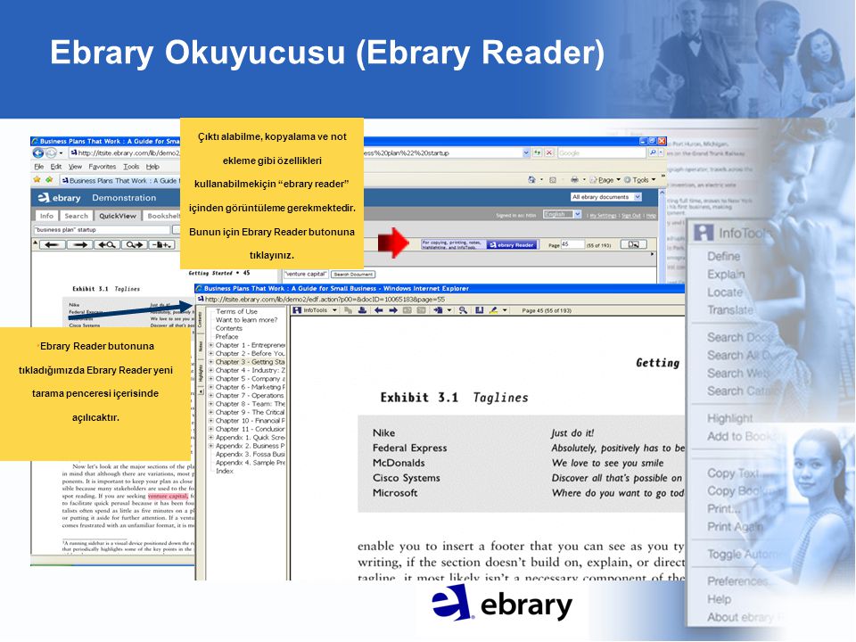 Ebrary Okuyucusu (Ebrary Reader) Çıktı alabilme, kopyalama ve not ekleme gibi özellikleri kullanabilmekiçin ebrary reader içinden görüntüleme gerekmektedir.