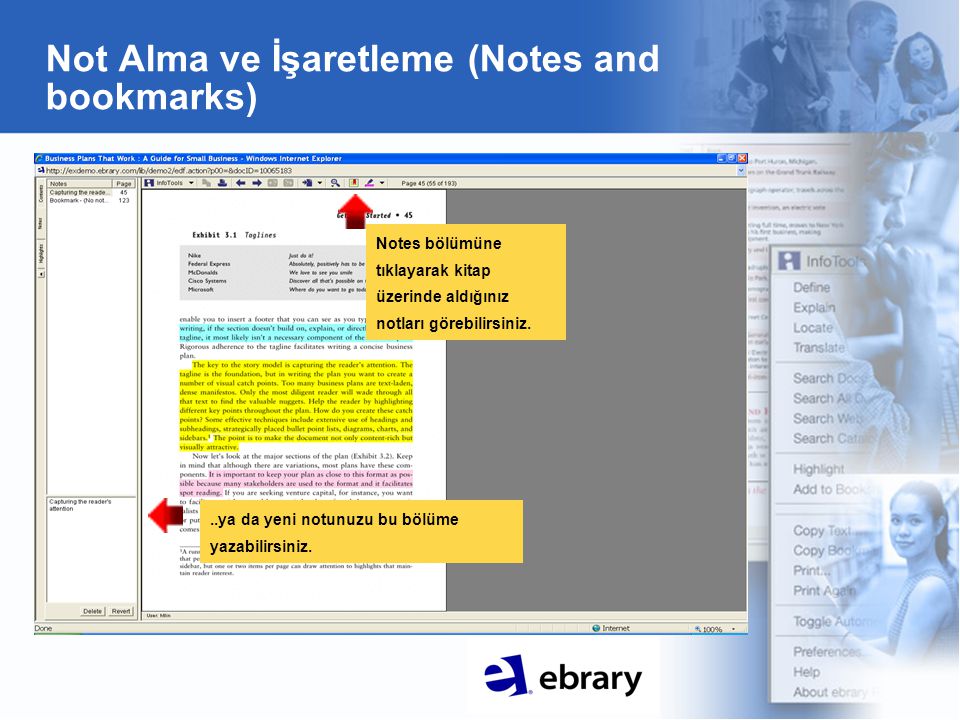 Not Alma ve İşaretleme (Notes and bookmarks) Notes bölümüne tıklayarak kitap üzerinde aldığınız notları görebilirsiniz...ya da yeni notunuzu bu bölüme yazabilirsiniz.