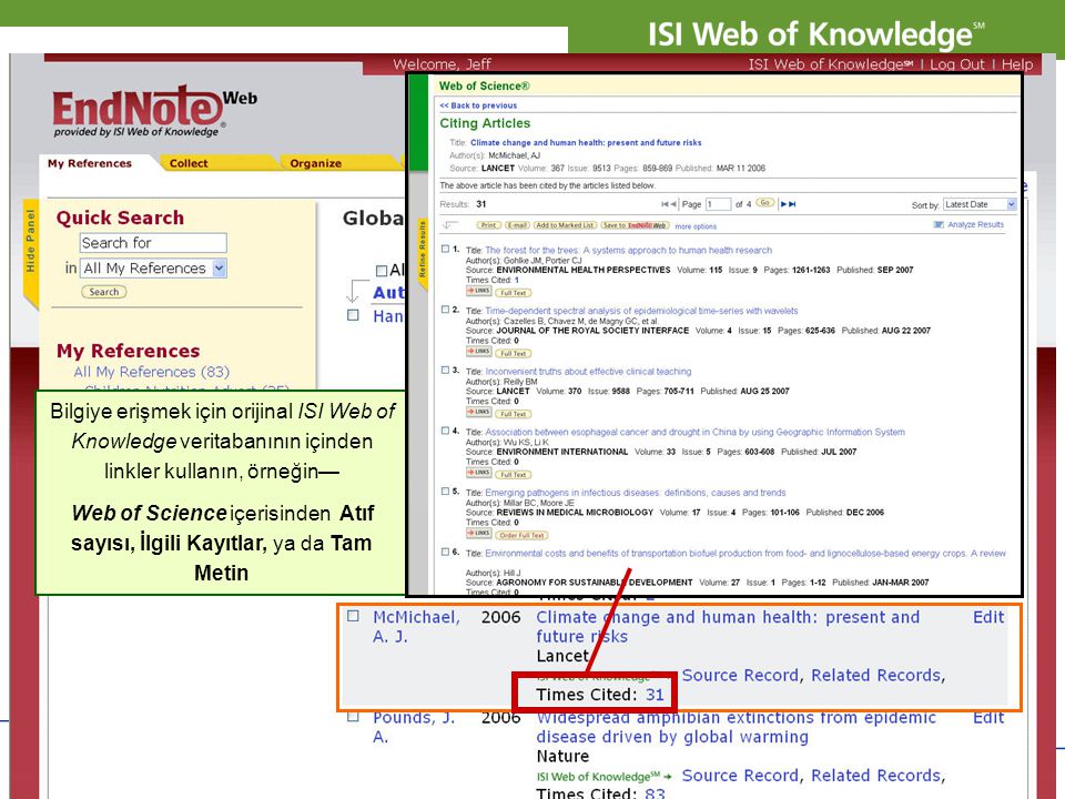 Copyright 2007 Thomson Corporation 8 Bilgiye erişmek için orijinal ISI Web of Knowledge veritabanının içinden linkler kullanın, örneğin— Web of Science içerisinden Atıf sayısı, İlgili Kayıtlar, ya da Tam Metin