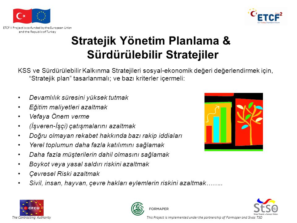 ETCF II Project is co-funded by the European Union and the Republic of Turkey The Contracting Authority This Project is implemented under the partnership of Formaper and Sivas TSO Stratejik Yönetim Planlama & Sürdürülebilir Stratejiler KSS ve Sürdürülebilir Kalkınma Stratejileri sosyal-ekonomik değeri değerlendirmek için, Stratejik plan tasarlanmalı; ve bazı kriterler içermeli: •Devamlılık süresini yüksek tutmak •Eğitim maliyetleri azaltmak •Vefaya Önem verme •(İşveren-İşçi) çatışmalarını azaltmak •Doğru olmayan rekabet hakkında bazı rakip iddiaları •Yerel toplumun daha fazla katılımını sağlamak •Daha fazla müşterilerin dahil olmasını sağlamak •Boykot veya yasal saldırı riskini azaltmak •Çevresel Riski azaltmak •Sivil, insan, hayvan, çevre hakları eylemlerin riskini azaltmak……..