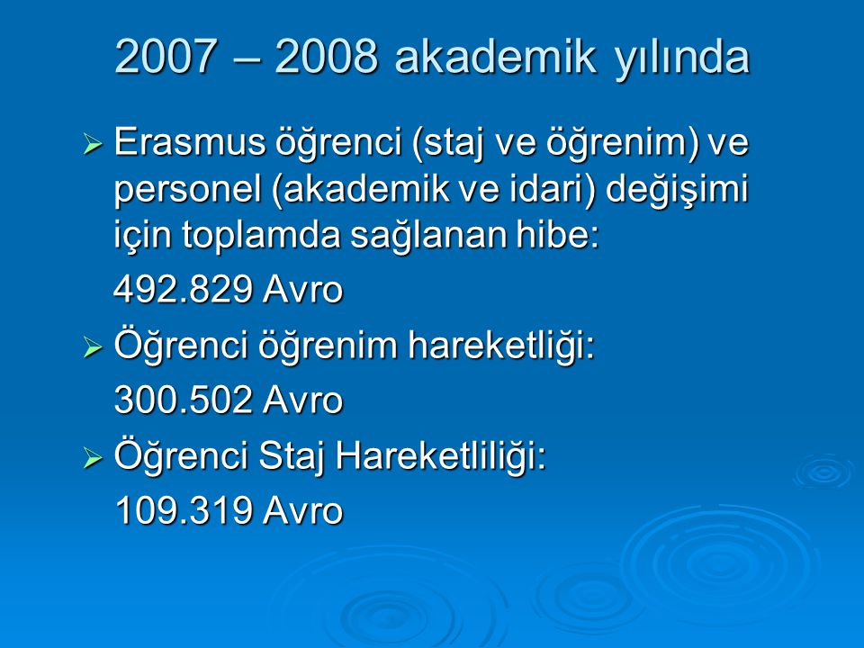 2007 – 2008 akademik yılında  Erasmus öğrenci (staj ve öğrenim) ve personel (akademik ve idari) değişimi için toplamda sağlanan hibe: Avro  Öğrenci öğrenim hareketliği: Avro  Öğrenci Staj Hareketliliği: Avro