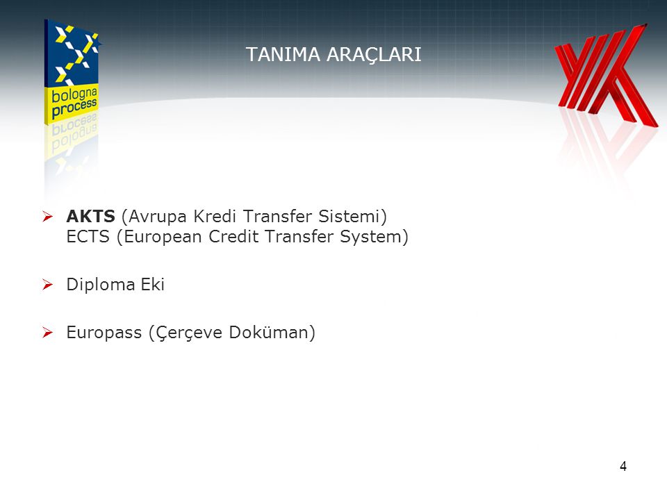 4 TANIMA ARAÇLARI  AKTS (Avrupa Kredi Transfer Sistemi) ECTS (European Credit Transfer System)  Diploma Eki  Europass (Çerçeve Doküman)