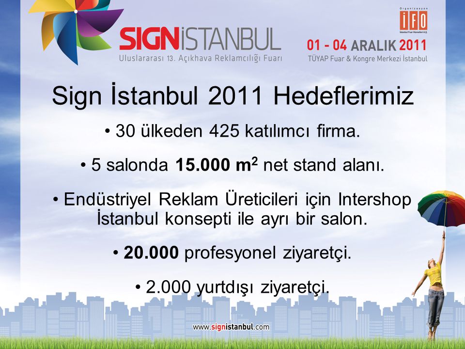 Sign İstanbul 2011 Hedeflerimiz • 30 ülkeden 425 katılımcı firma.