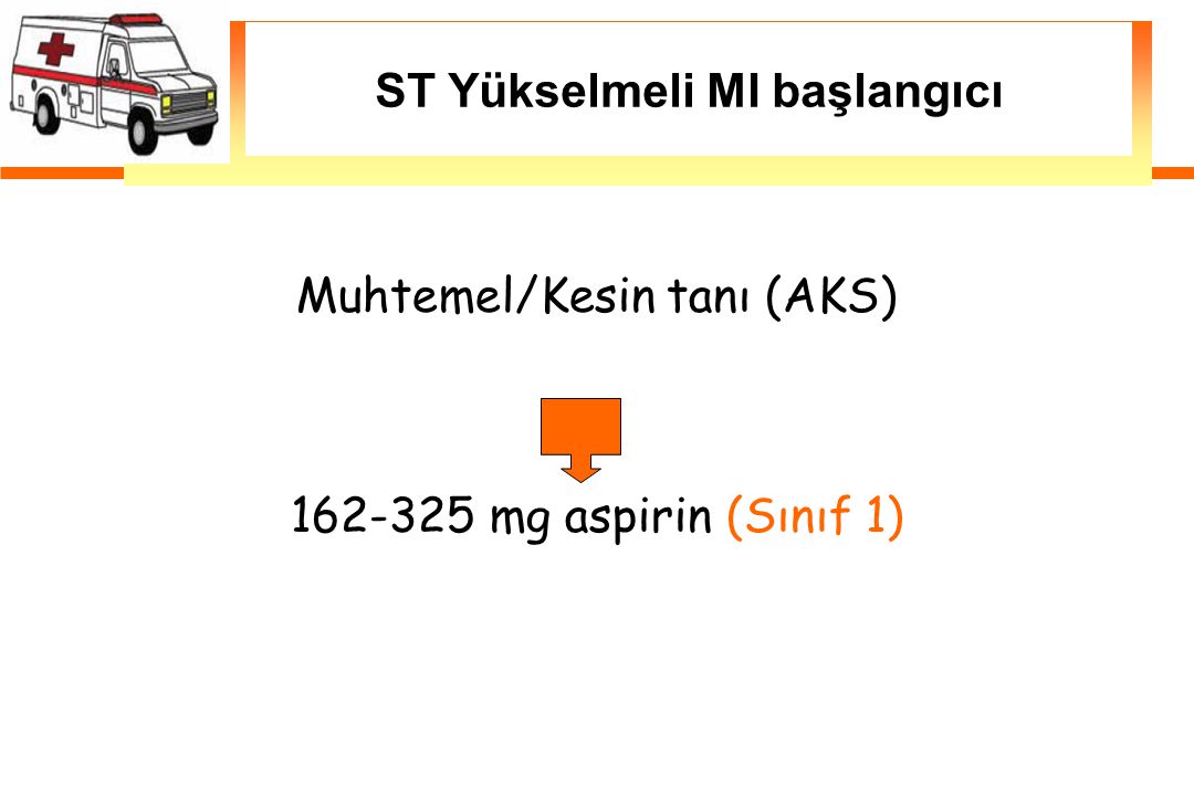 Muhtemel/Kesin tanı (AKS) mg aspirin (Sınıf 1) ‏ ST Yükselmeli MI başlangıcı