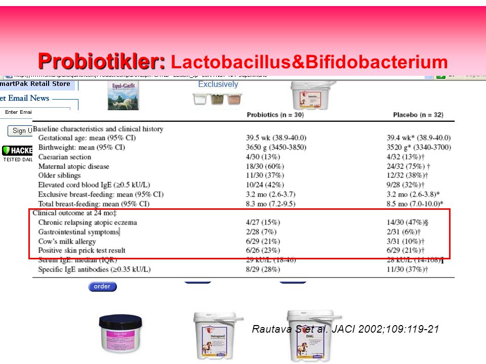Probiotikler: Probiotikler: Lactobacillus&Bifidobacterium Rautava S et al. JACI 2002;109:119-21