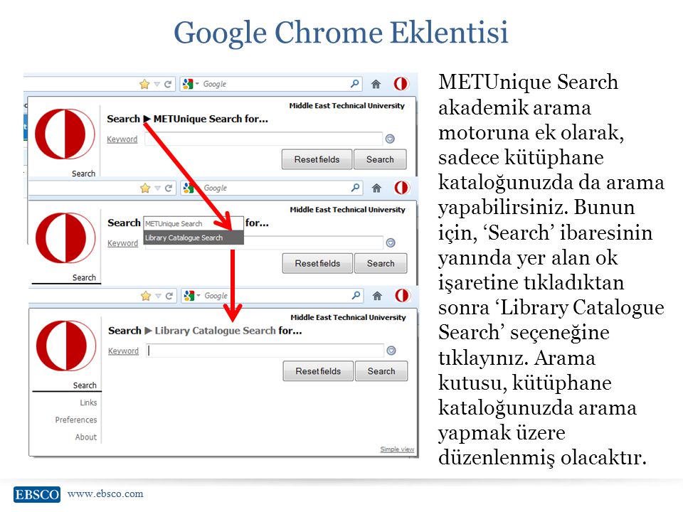 Google Chrome Eklentisi METUnique Search akademik arama motoruna ek olarak, sadece kütüphane kataloğunuzda da arama yapabilirsiniz.