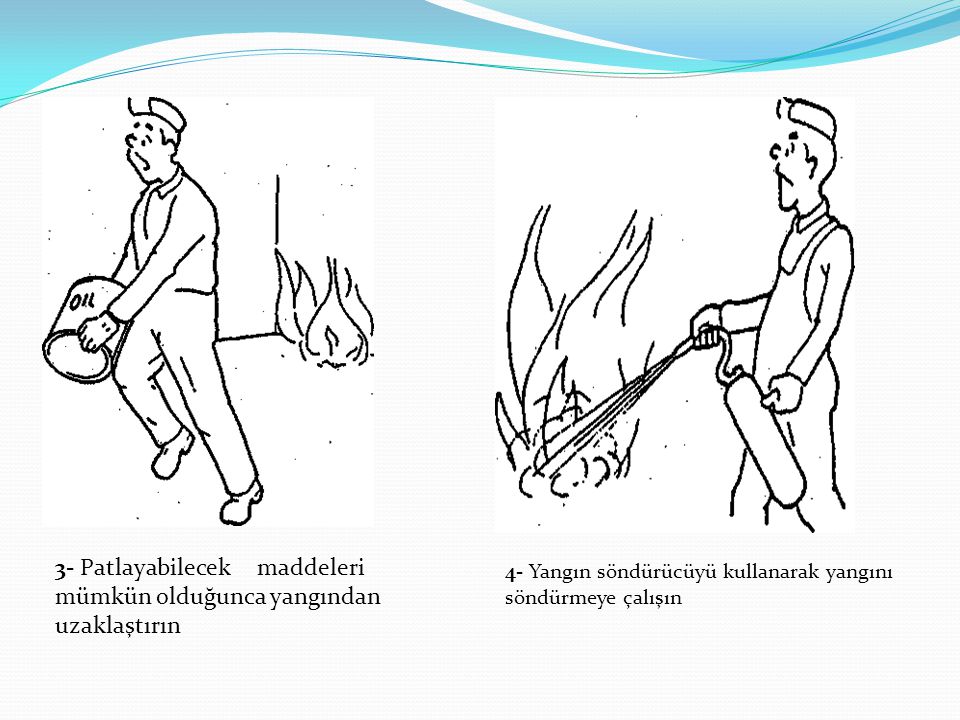3- Patlayabilecek maddeleri mümkün olduğunca yangından uzaklaştırın 4- Yangın söndürücüyü kullanarak yangını söndürmeye çalışın