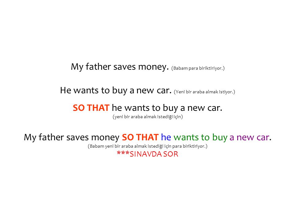 My father saves money. (Babam para biriktiriyor.) He wants to buy a new car.