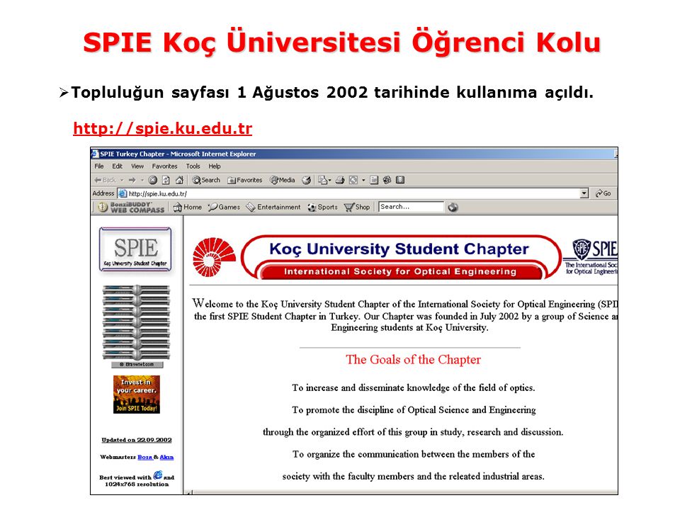 SPIE Koç Üniversitesi Öğrenci Kolu  Topluluğun sayfası 1 Ağustos 2002 tarihinde kullanıma açıldı.