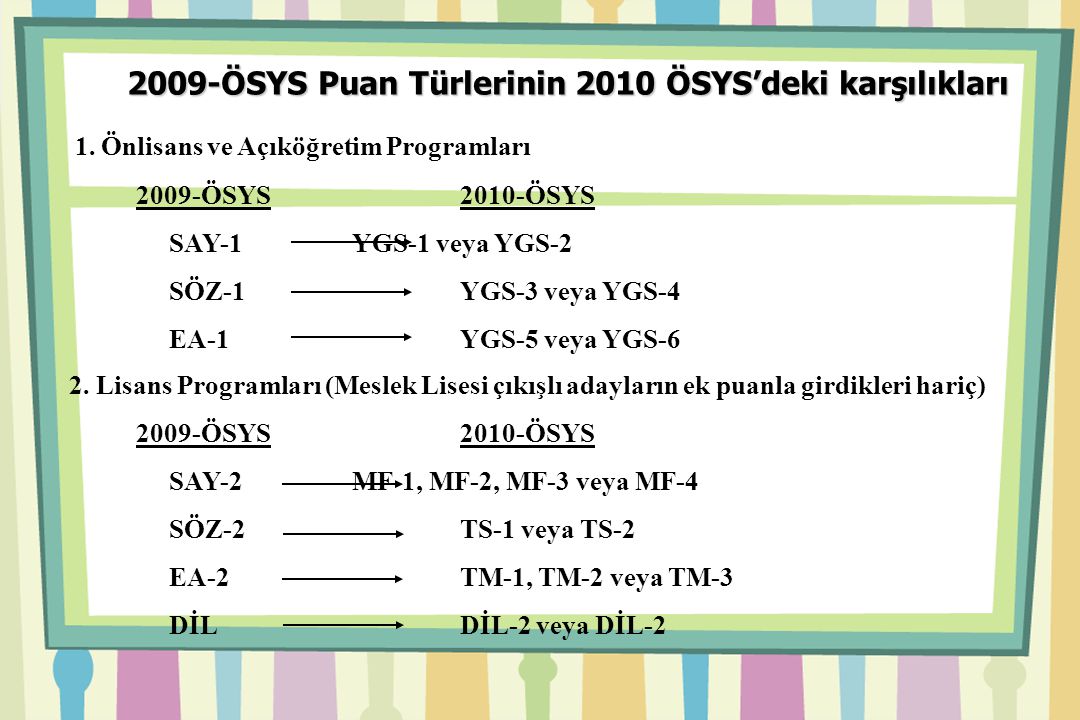 2009-ÖSYS Puan Türlerinin 2010 ÖSYS’deki karşılıkları 1.