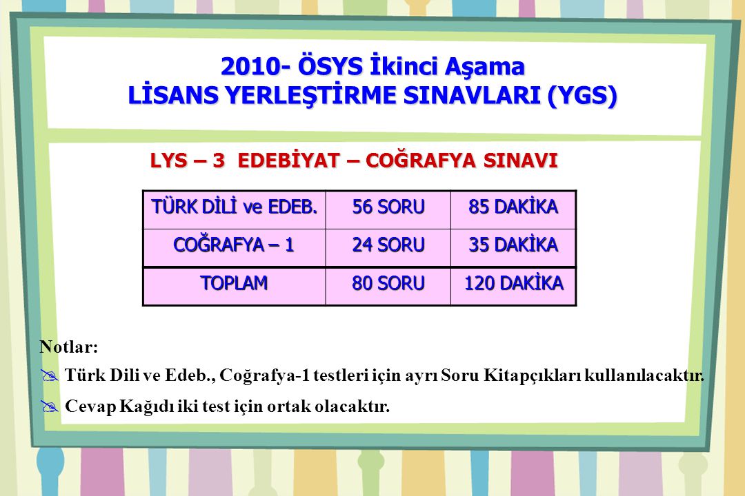 2010- ÖSYS İkinci Aşama LİSANS YERLEŞTİRME SINAVLARI (YGS) Notlar:  Türk Dili ve Edeb., Coğrafya-1 testleri için ayrı Soru Kitapçıkları kullanılacaktır.
