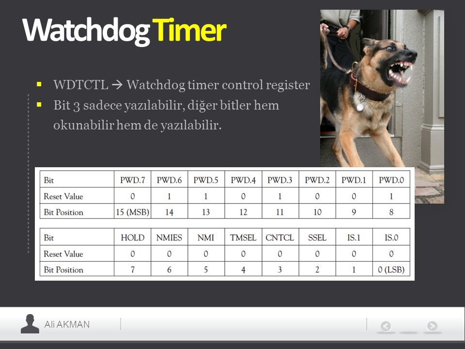 Ali AKMAN Watchdog Timer  WDTCTL  Watchdog timer control register  Bit 3 sadece yazılabilir, diğer bitler hem okunabilir hem de yazılabilir.
