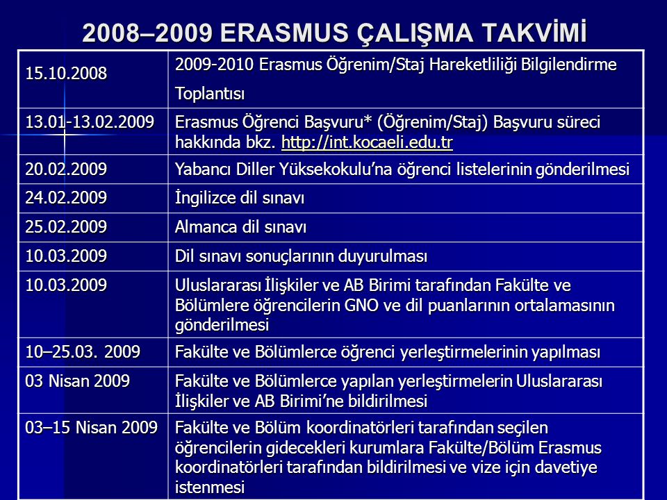 2008–2009 ERASMUS ÇALIŞMA TAKVİMİ Erasmus Öğrenim/Staj Hareketliliği Bilgilendirme Toplantısı Erasmus Öğrenci Başvuru* (Öğrenim/Staj) Başvuru süreci hakkında bkz.