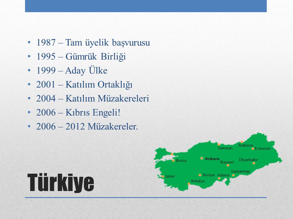 Türkiye 1987 – Tam üyelik başvurusu 1995 – Gümrük Birliği 1999 – Aday Ülke 2001 – Katılım Ortaklığı 2004 – Katılım Müzakereleri 2006 – Kıbrıs Engeli.