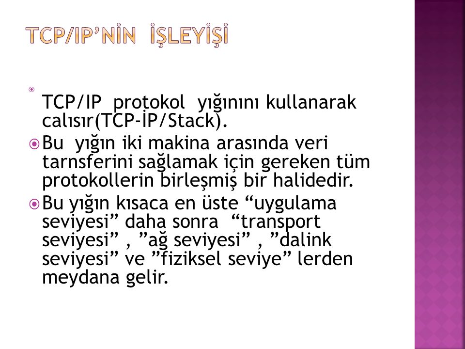  TCP/IP protokol yığınını kullanarak calısır(TCP-İP/Stack).