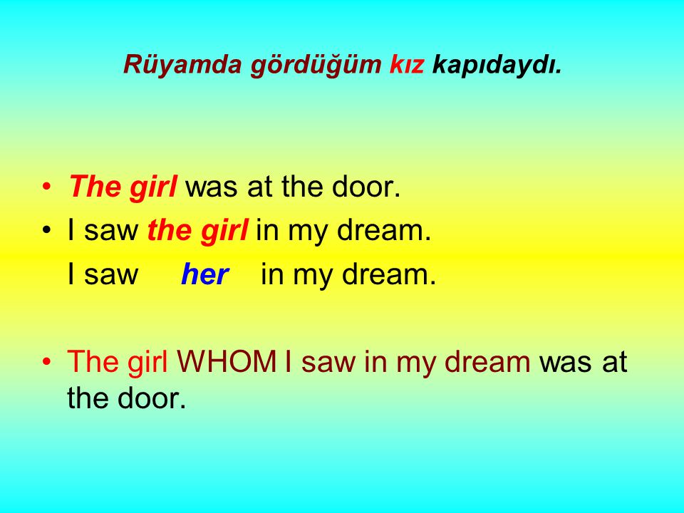 Rüyamda gördüğüm kız kapıdaydı. The girl was at the door.