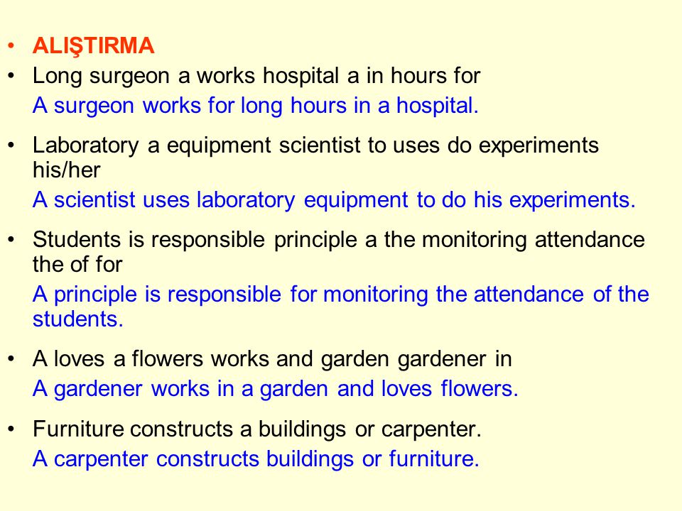 ALIŞTIRMA Long surgeon a works hospital a in hours for A surgeon works for long hours in a hospital.