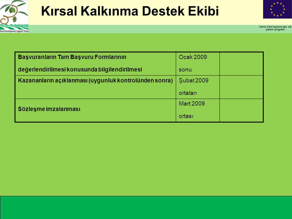 Kırsal Kalkınma Destek Ekibi Kıbrıs Türk toplumu için AB yardım programı Başvuranların Tam Başvuru Formlarının değerlendirilmesi konusunda bilgilendirilmesi Ocak 2009 sonu Kazananların açıklanması (uygunluk kontrolünden sonra)Şubat 2009 ortaları Sözleşme imzalanması Mart 2009 ortası