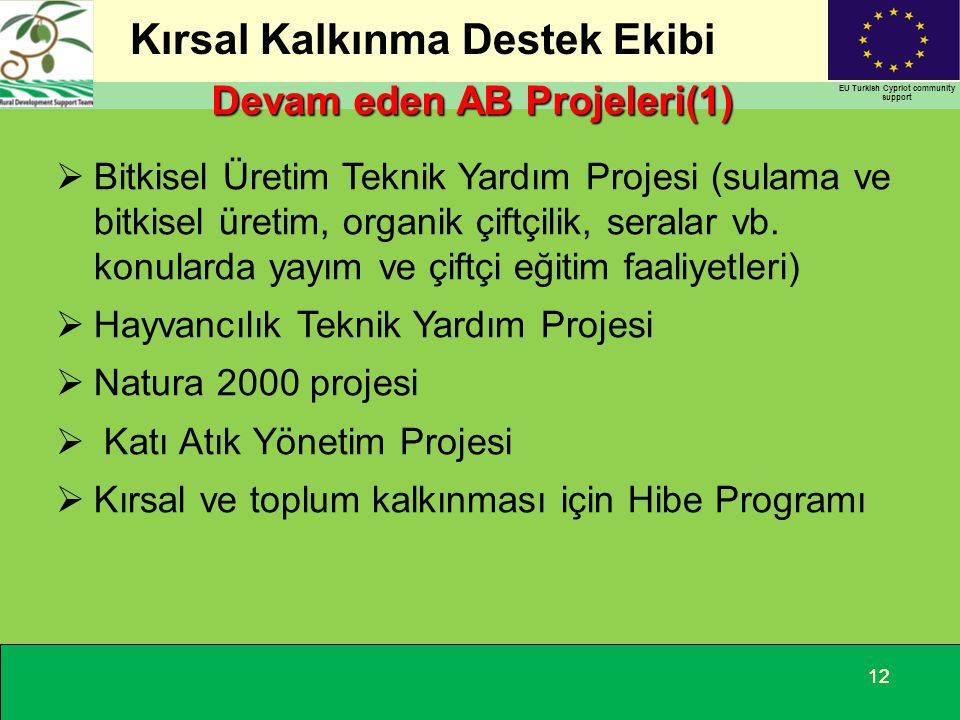 Kırsal Kalkınma Destek Ekibi EU Turkish Cypriot community support 12 Devam eden AB Projeleri(1)  Bitkisel Üretim Teknik Yardım Projesi (sulama ve bitkisel üretim, organik çiftçilik, seralar vb.