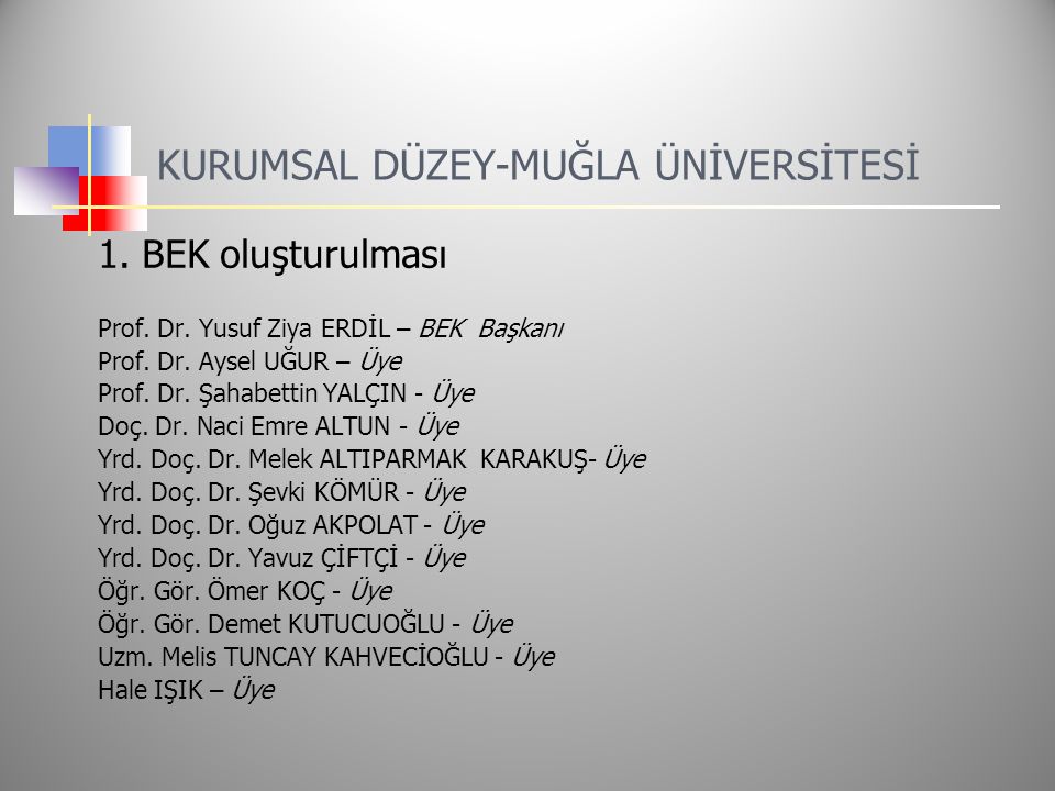 KURUMSAL DÜZEY-MUĞLA ÜNİVERSİTESİ 1. BEK oluşturulması Prof.