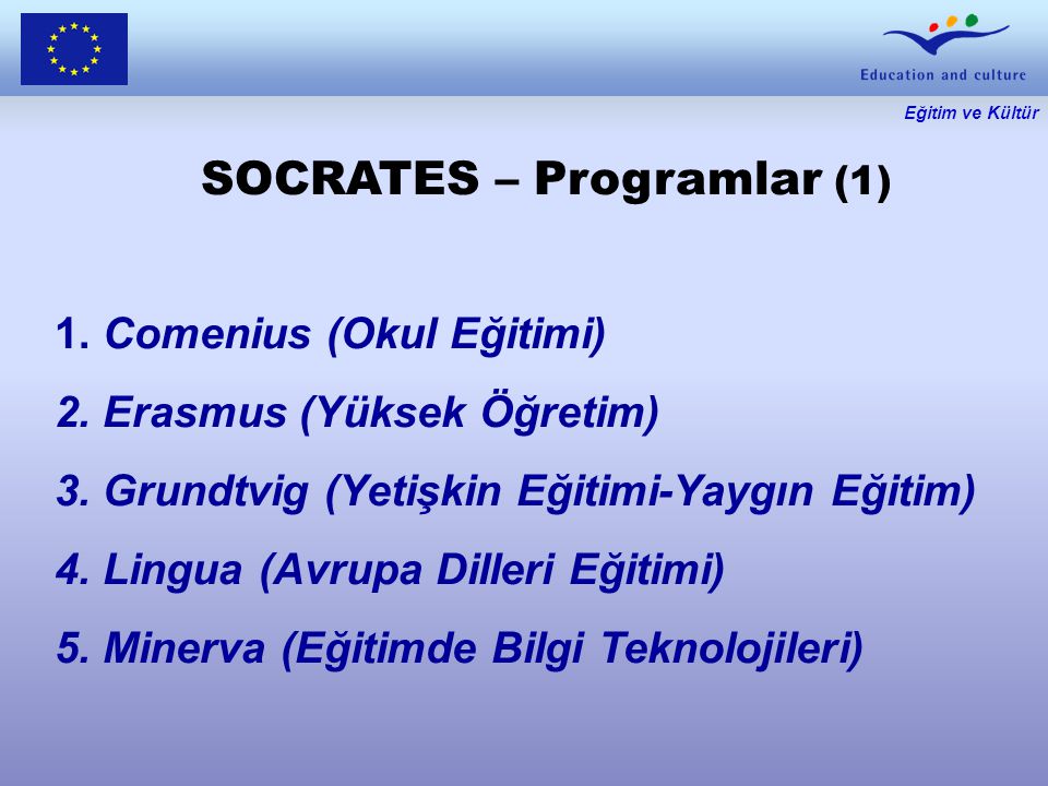 Eğitim ve Kültür SOCRATES – Programlar (1) 1. Comenius (Okul Eğitimi) 2.