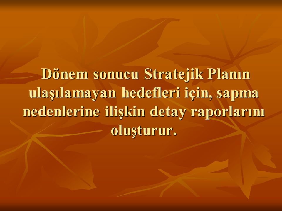 Dönem sonucu Stratejik Planın ulaşılamayan hedefleri için, sapma nedenlerine ilişkin detay raporlarını oluşturur.
