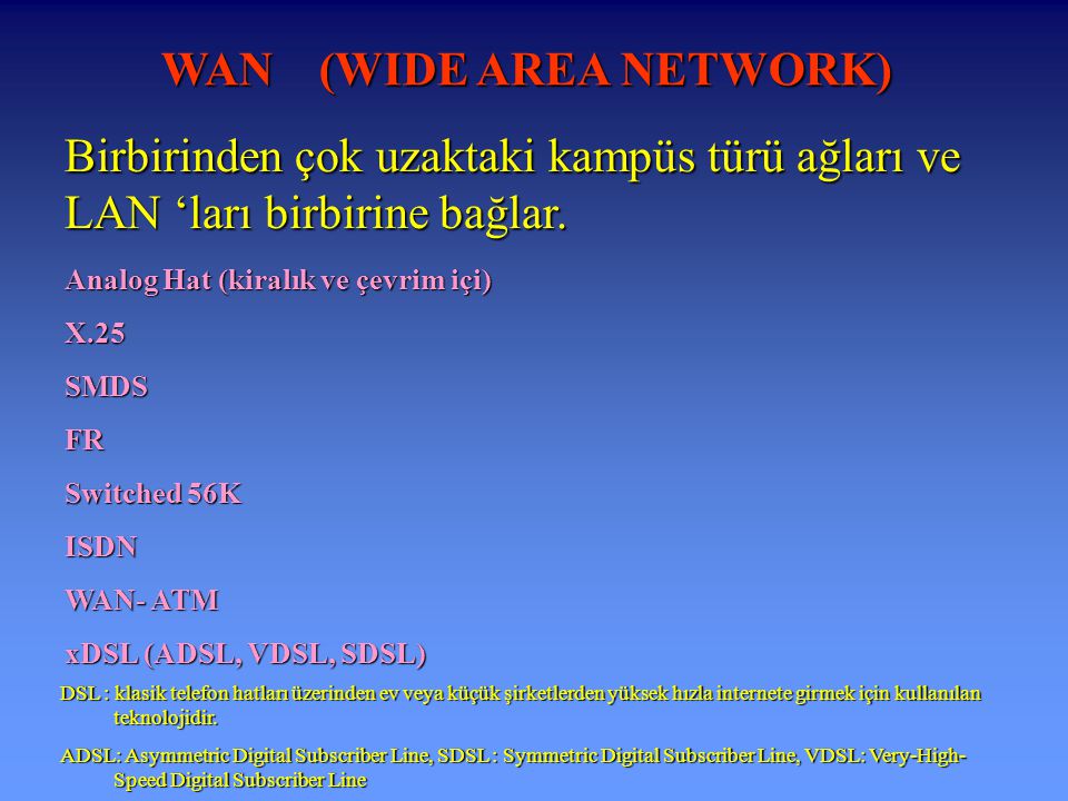 WAN (WIDE AREA NETWORK) Birbirinden çok uzaktaki kampüs türü ağları ve LAN ‘ları birbirine bağlar.