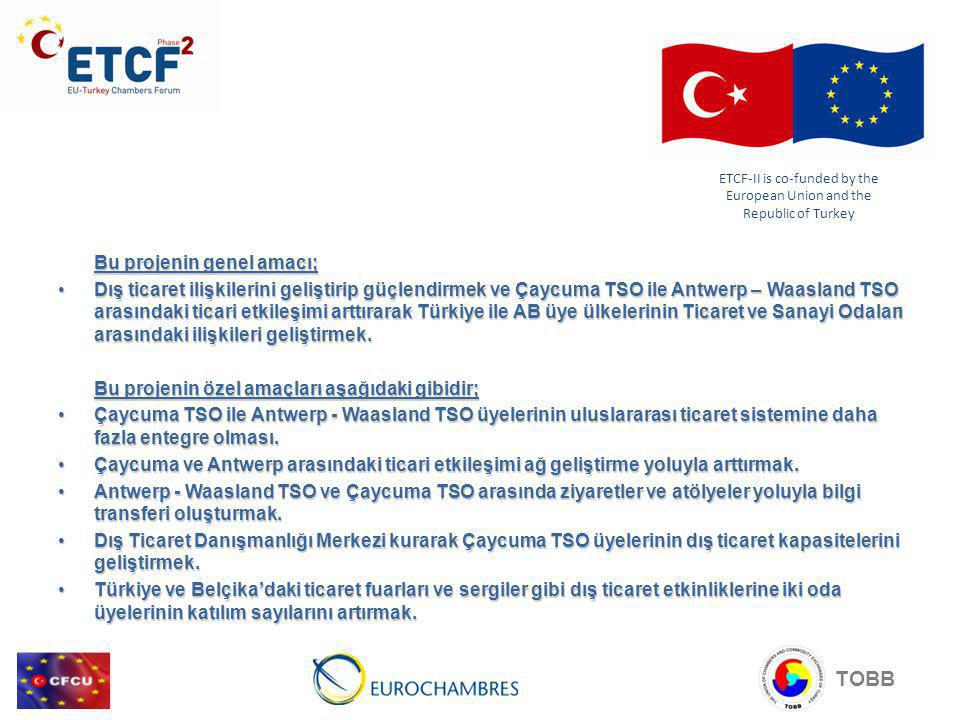 Bu projenin genel amacı; Dış ticaret ilişkilerini geliştirip güçlendirmek ve Çaycuma TSO ile Antwerp – Waasland TSO arasındaki ticari etkileşimi arttırarak Türkiye ile AB üye ülkelerinin Ticaret ve Sanayi Odaları arasındaki ilişkileri geliştirmek.Dış ticaret ilişkilerini geliştirip güçlendirmek ve Çaycuma TSO ile Antwerp – Waasland TSO arasındaki ticari etkileşimi arttırarak Türkiye ile AB üye ülkelerinin Ticaret ve Sanayi Odaları arasındaki ilişkileri geliştirmek.