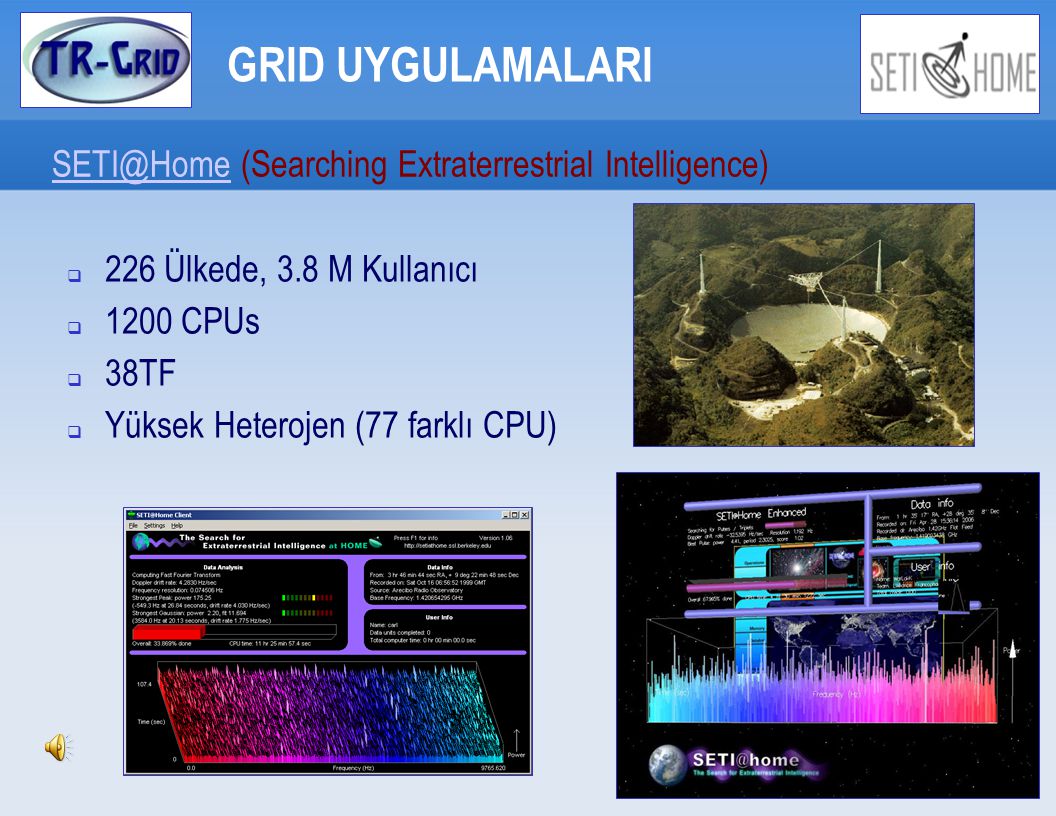 GRID UYGULAMALARI (Searching Extraterrestrial Intelligence) ‏  226 Ülkede, 3.8 M Kullanıcı  1200 CPUs  38TF  Yüksek Heterojen (77 farklı CPU) ‏