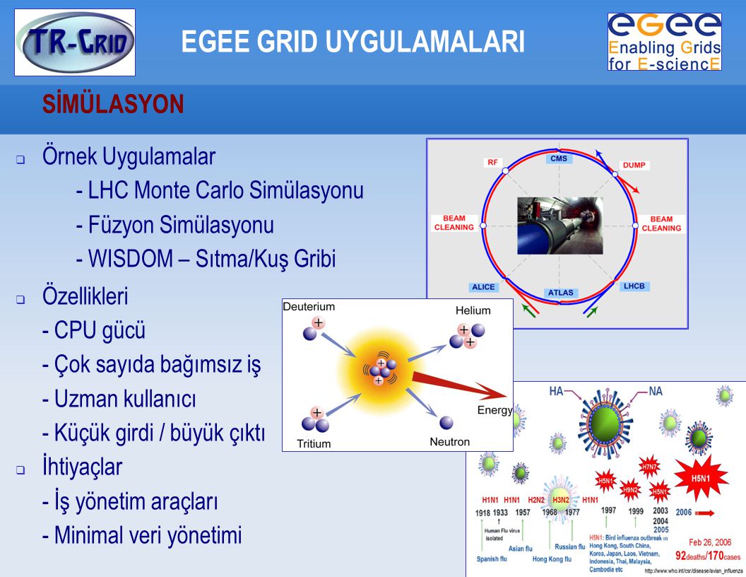 SİMÜLASYON EGEE GRID UYGULAMALARI  Örnek Uygulamalar - LHC Monte Carlo Simülasyonu - Füzyon Simülasyonu - WISDOM – Sıtma/Kuş Gribi  Özellikleri - CPU gücü - Çok sayıda bağımsız iş - Uzman kullanıcı - Küçük girdi / büyük çıktı  İhtiyaçlar - İş yönetim araçları - Minimal veri yönetimi