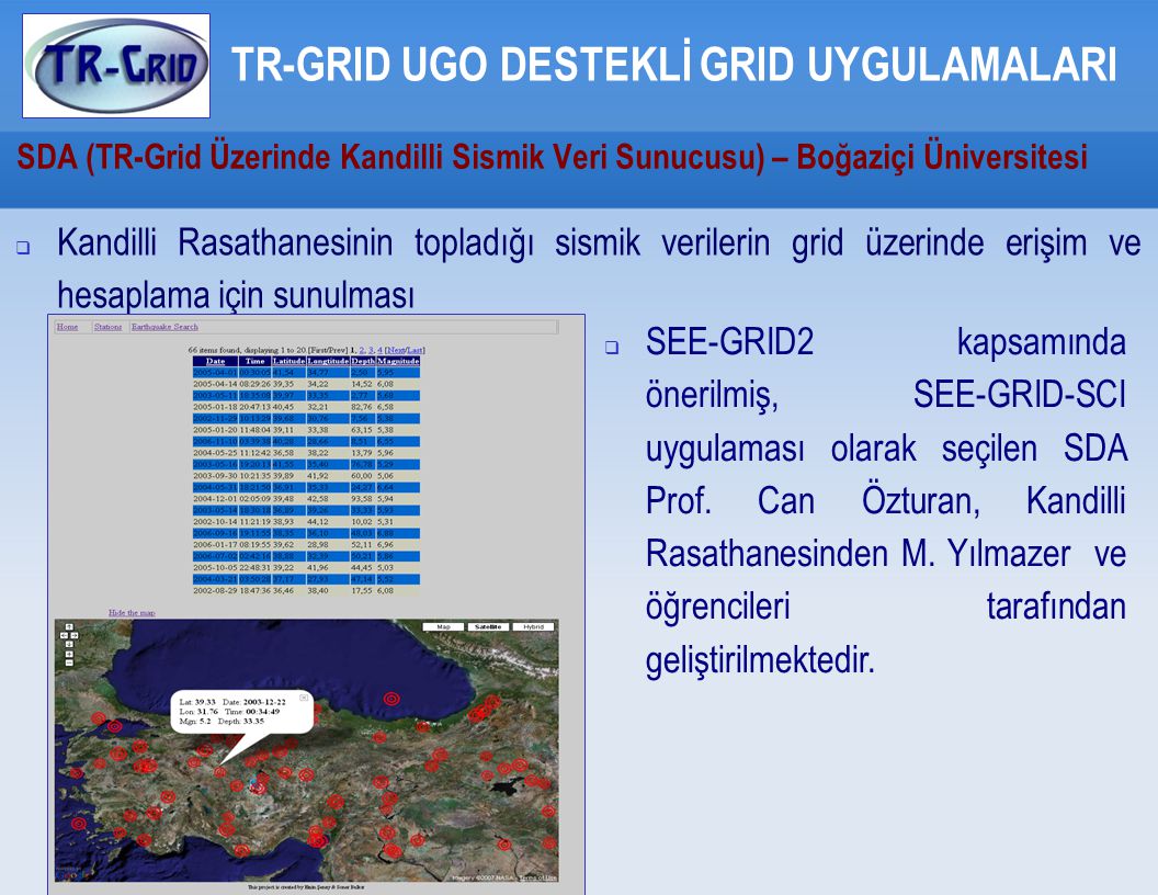 SDA (TR-Grid Üzerinde Kandilli Sismik Veri Sunucusu) – Boğaziçi Üniversitesi TR-GRID UGO DESTEKLİ GRID UYGULAMALARI  Kandilli Rasathanesinin topladığı sismik verilerin grid üzerinde erişim ve hesaplama için sunulması  SEE-GRID2 kapsamında önerilmiş, SEE-GRID-SCI uygulaması olarak seçilen SDA Prof.