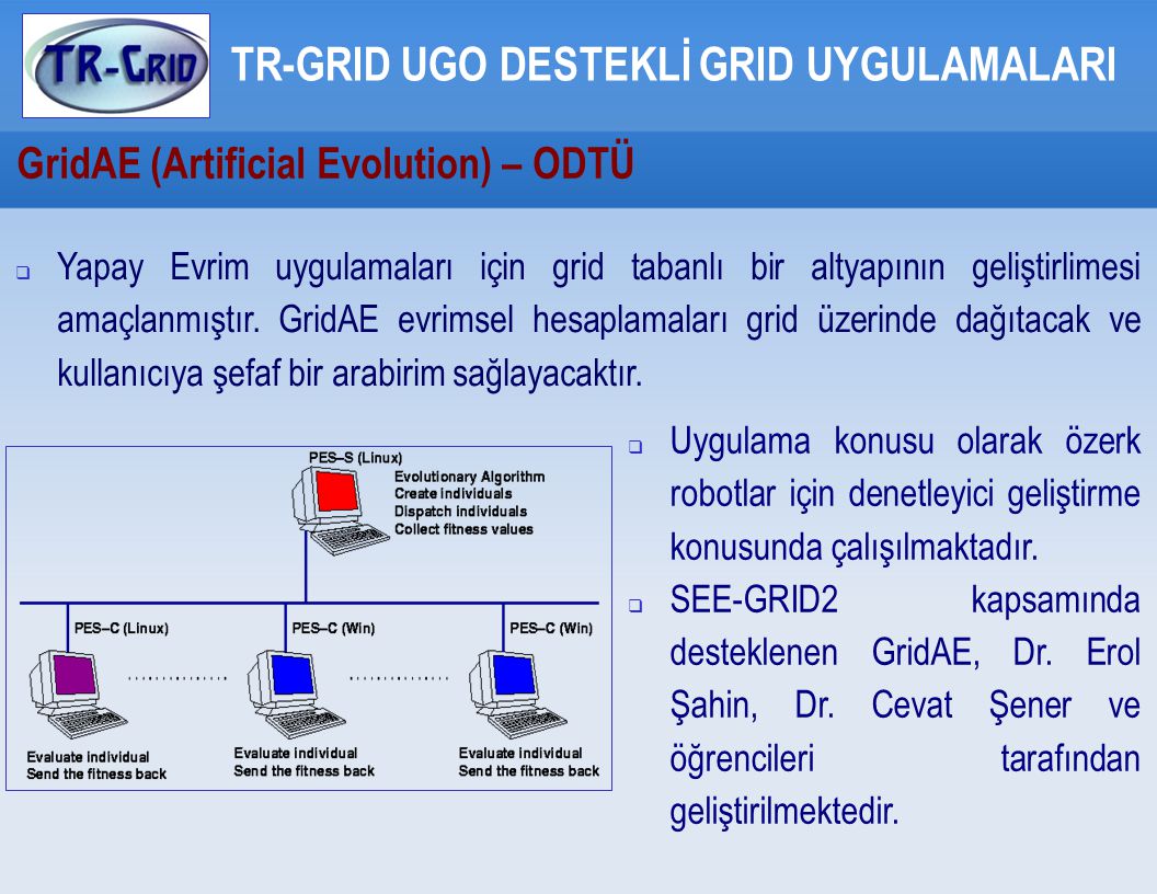 GridAE (Artificial Evolution) – ODTÜ TR-GRID UGO DESTEKLİ GRID UYGULAMALARI  Yapay Evrim uygulamaları için grid tabanlı bir altyapının geliştirlimesi amaçlanmıştır.