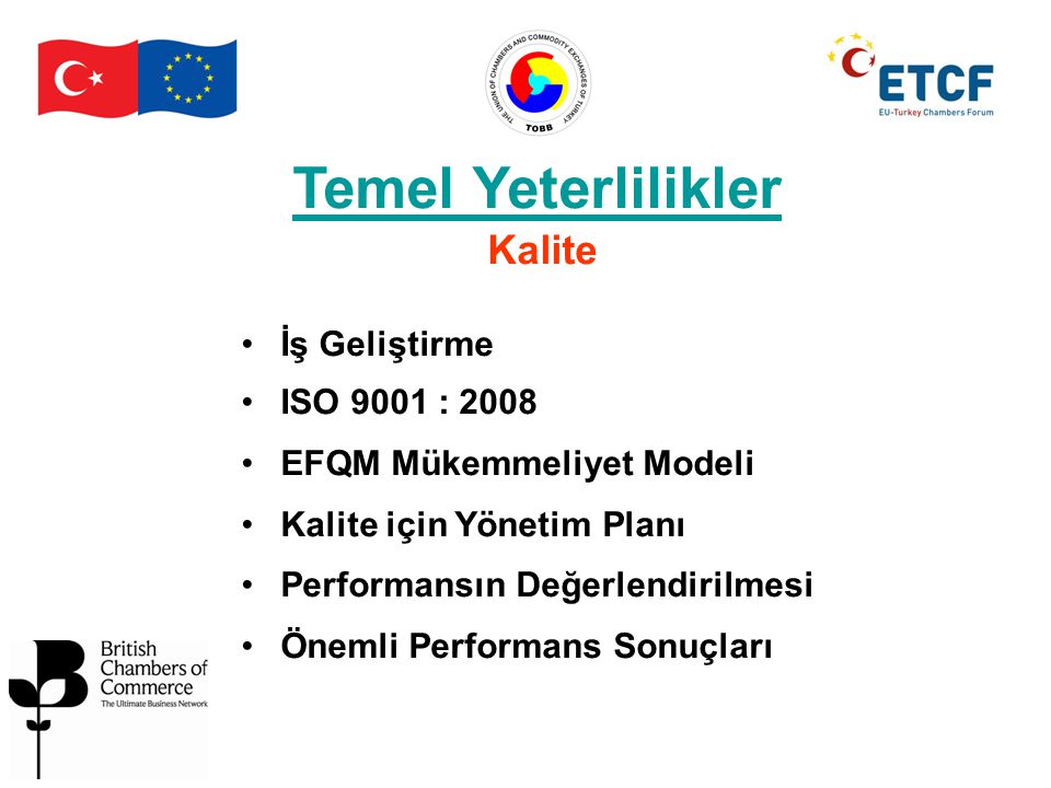 Temel Yeterlilikler Kalite İş Geliştirme ISO 9001 : 2008 EFQM Mükemmeliyet Modeli Kalite için Yönetim Planı Performansın Değerlendirilmesi Önemli Performans Sonuçları