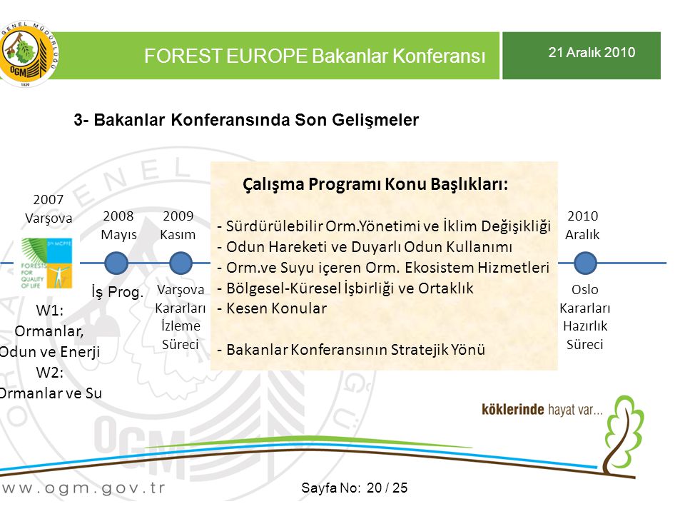 21 Aralık 2010 FOREST EUROPE Bakanlar Konferansı Sayfa No: 20 / Bakanlar Konferansında Son Gelişmeler 2007 Varşova 2007 Varşova W1: Ormanlar, Odun ve Enerji W2: Ormanlar ve Su 2009 Kasım 2008 Mayıs İş Prog.