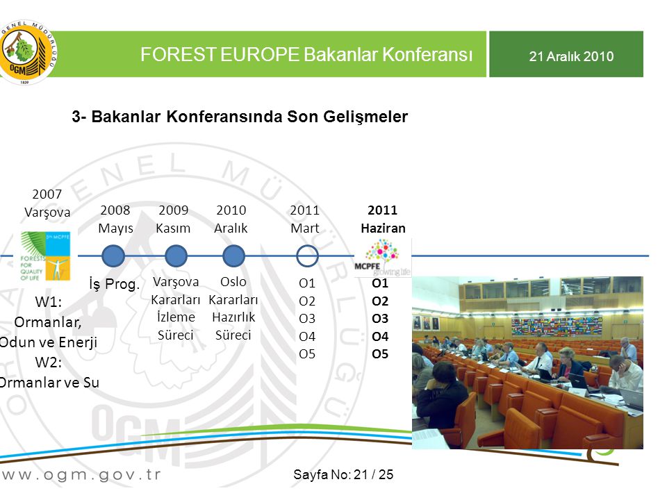 21 Aralık 2010 FOREST EUROPE Bakanlar Konferansı Sayfa No: 21 / Bakanlar Konferansında Son Gelişmeler 2007 Varşova 2007 Varşova W1: Ormanlar, Odun ve Enerji W2: Ormanlar ve Su 2009 Kasım 2008 Mayıs İş Prog.