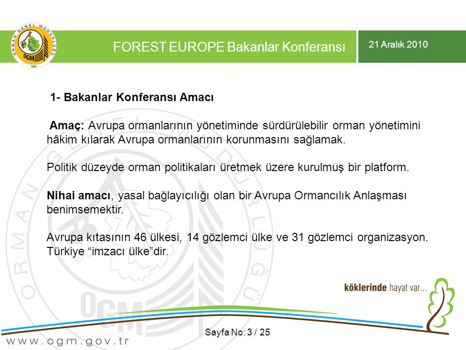 21 Aralık 2010 FOREST EUROPE Bakanlar Konferansı Sayfa No: 3 / Bakanlar Konferansı Amacı Amaç: Avrupa ormanlarının yönetiminde sürdürülebilir orman yönetimini hâkim kılarak Avrupa ormanlarının korunmasını sağlamak.