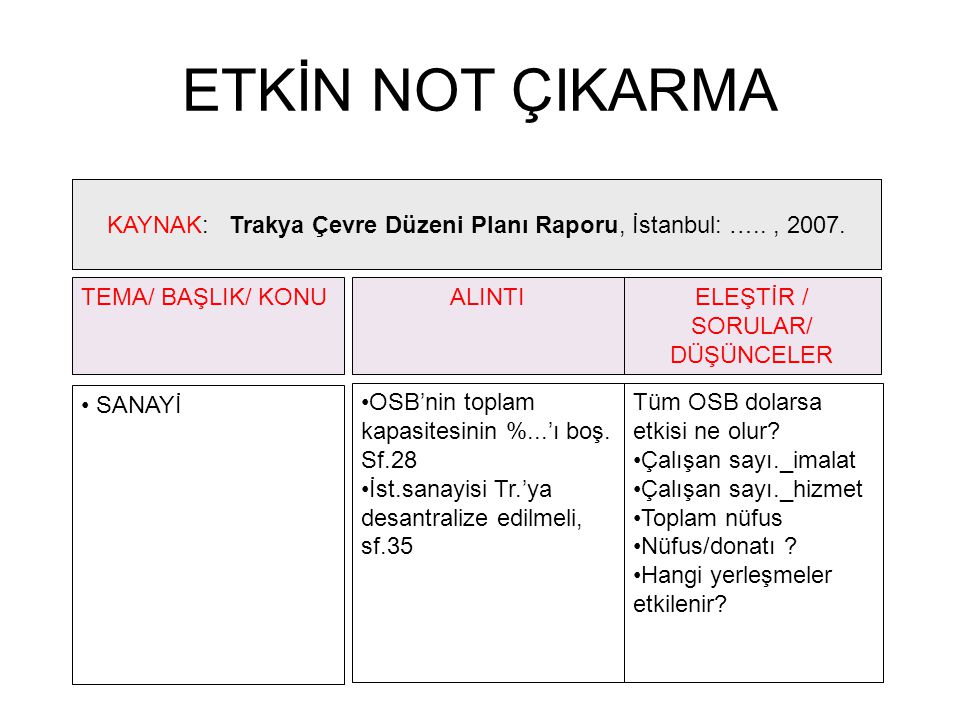 ETKİN NOT ÇIKARMA KAYNAK : Trakya Çevre Düzeni Planı Raporu, İstanbul: ….., 2007.